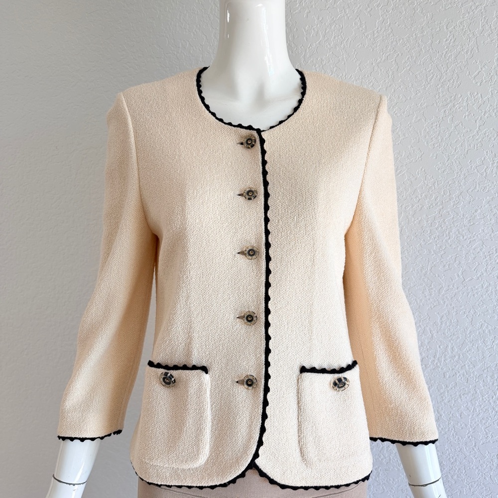 St. John Cream Bouclé Jacket with Black Trim - Picture 3 of 14